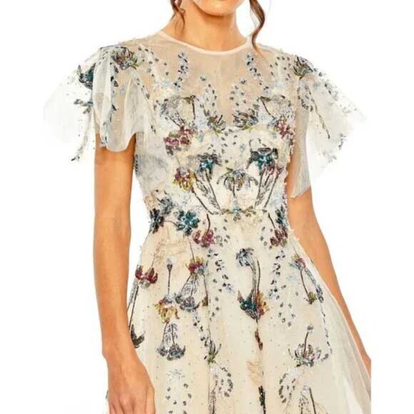 Mac Duggal 20510 Nude Flutter Sleeve High Neck Embellished Floral Dress Sz 6 - Picture 3 of 5